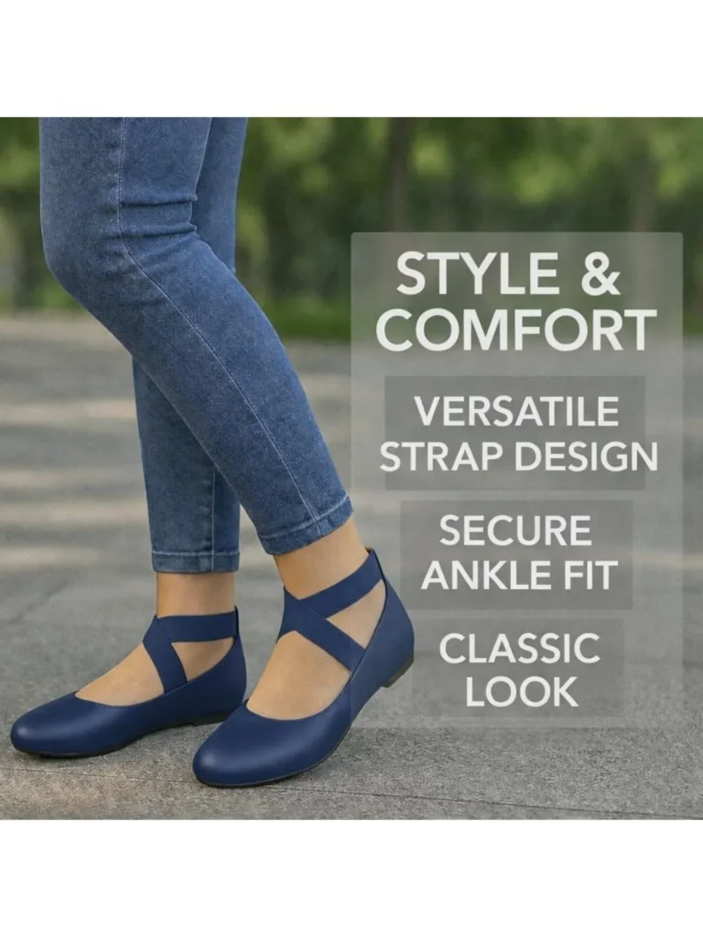 Women's Navy Blue Foam Cushioned Closed Toe Criss Cross Elastic Strap Flat Shoes